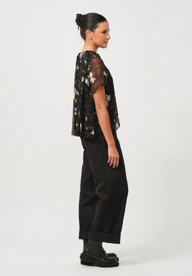 Sacai Pleated Sheer Floral Top in Black	