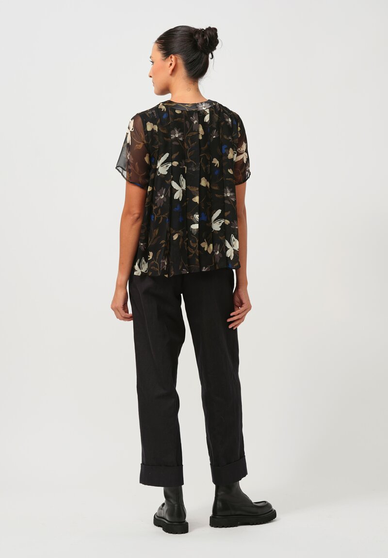 Sacai Pleated Sheer Floral Top in Black	