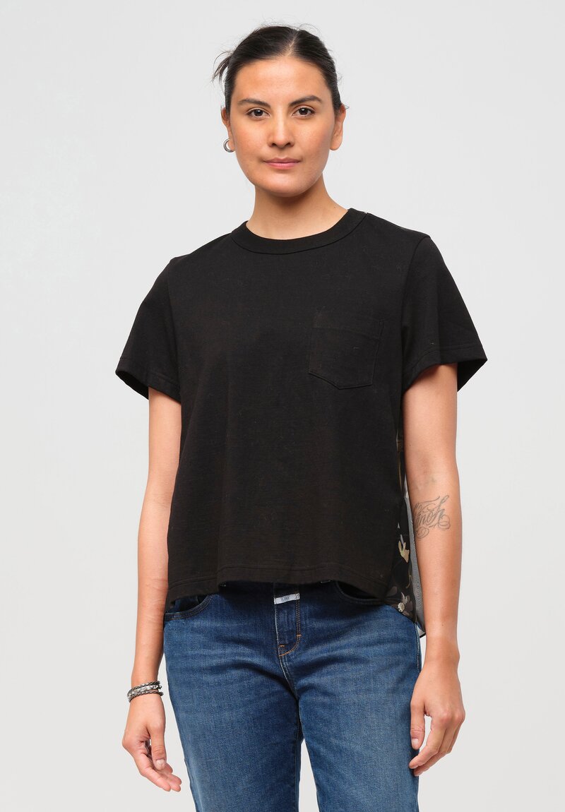 Sacai Cotton Pleated Floral Back Tee in Black