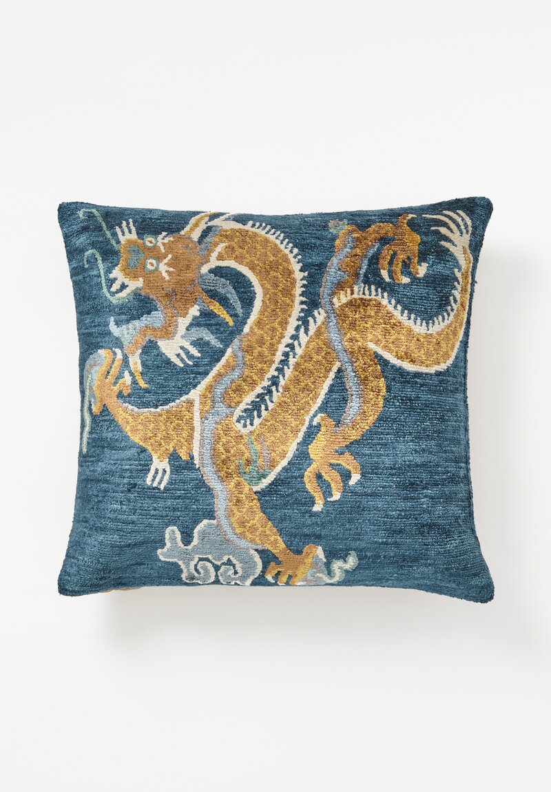 Tibet Home Bamboo Silk Hand Knotted Square Pillow in Gold & Blue Dragon Facing Left	