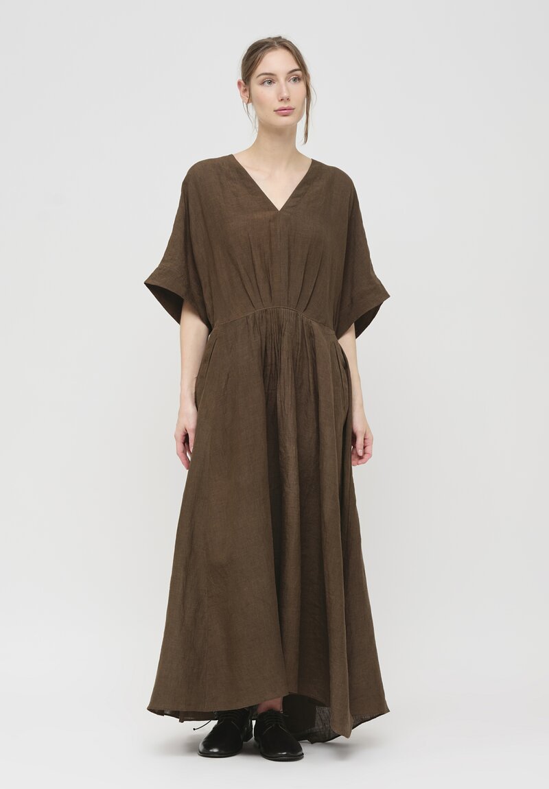 Ziggy Chen Linen V-Neck Short Sleeve Dress in Khaki Brown	