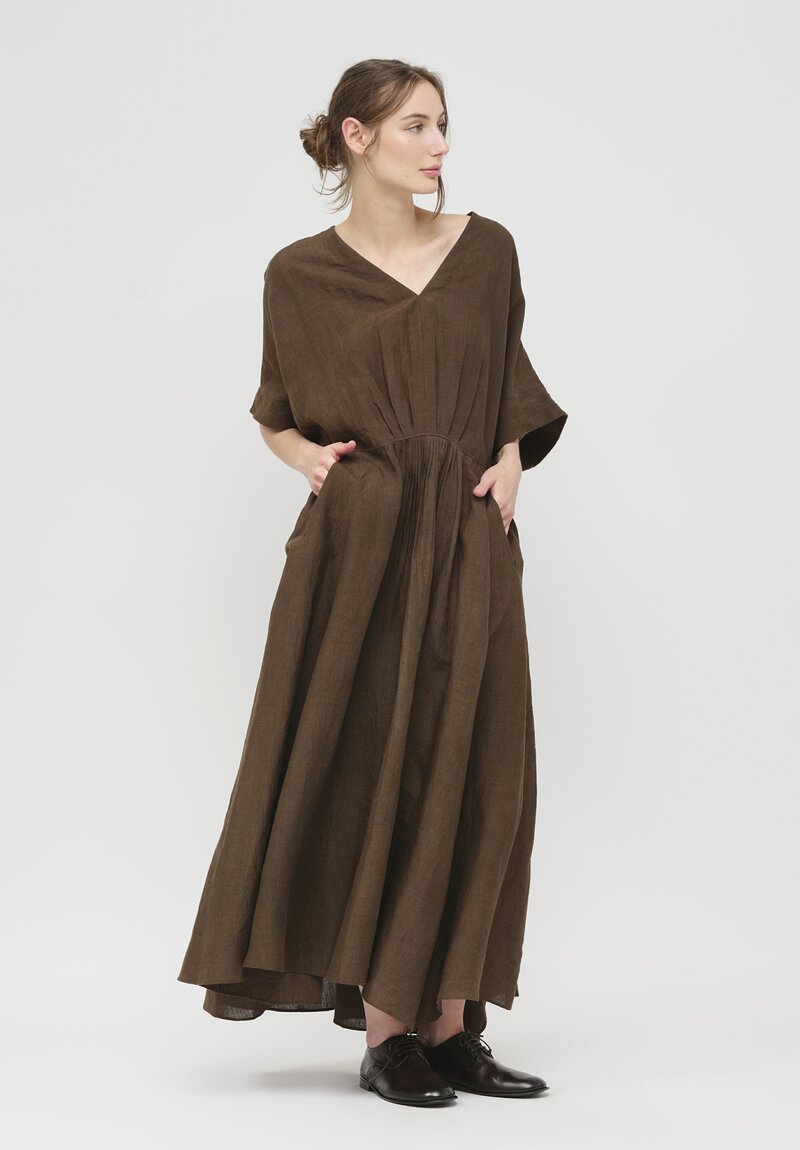 Ziggy Chen Linen V-Neck Short Sleeve Dress in Khaki Brown	