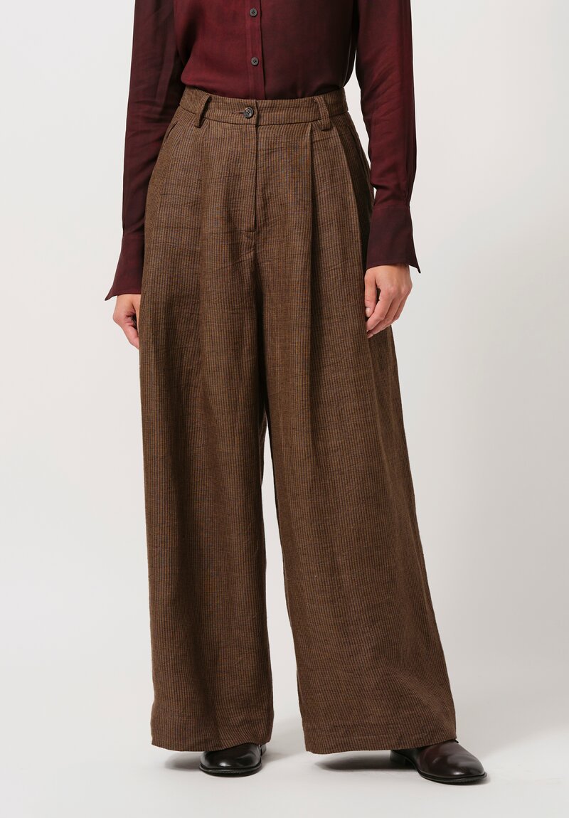 Ziggy Chen Linen Wide Tapered Trousers in Khaki Brown	