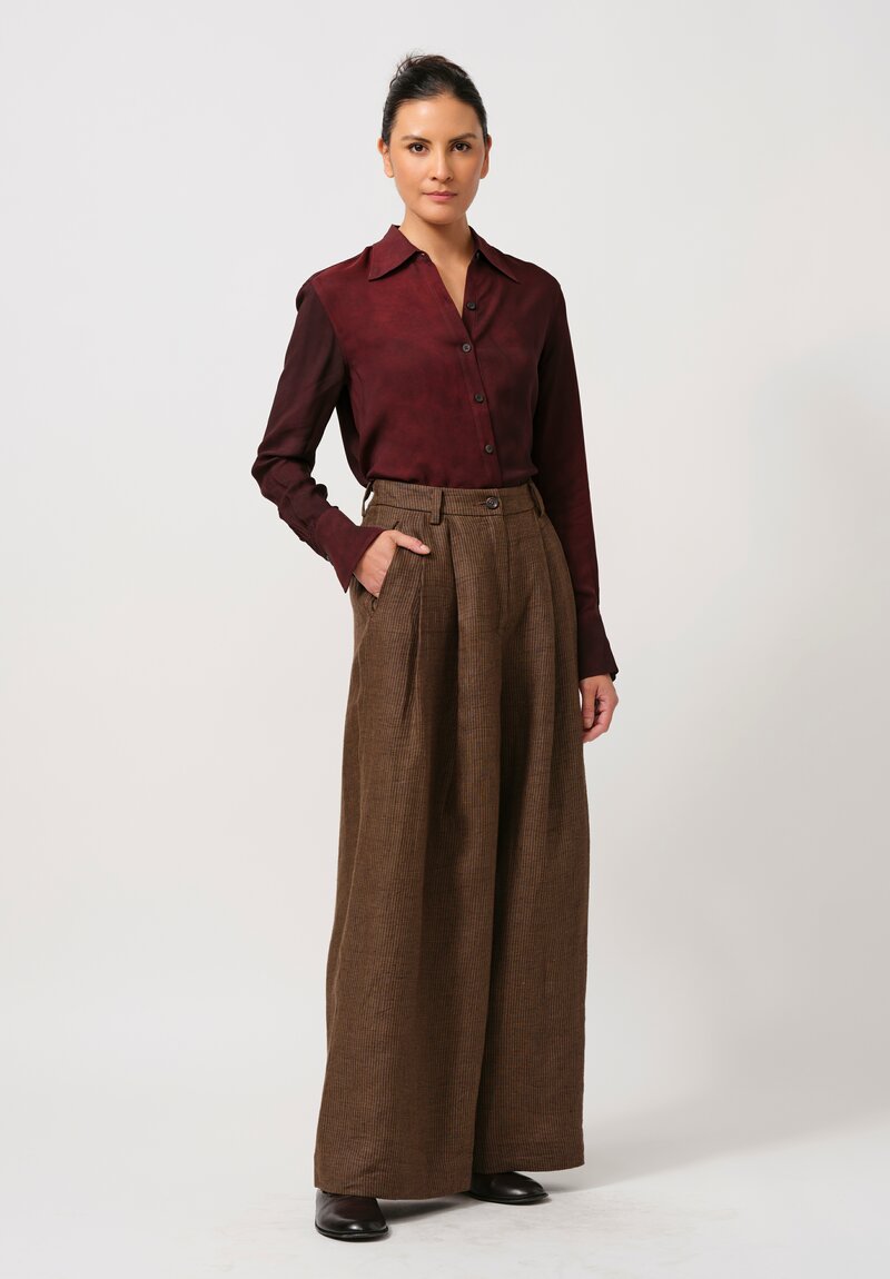 Ziggy Chen Linen Wide Tapered Trousers in Khaki Brown	