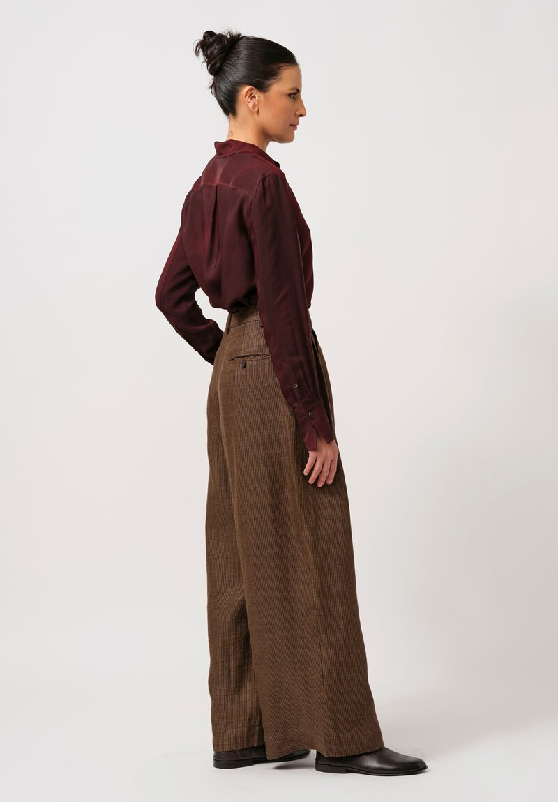 Ziggy Chen Linen Wide Tapered Trousers in Khaki Brown	