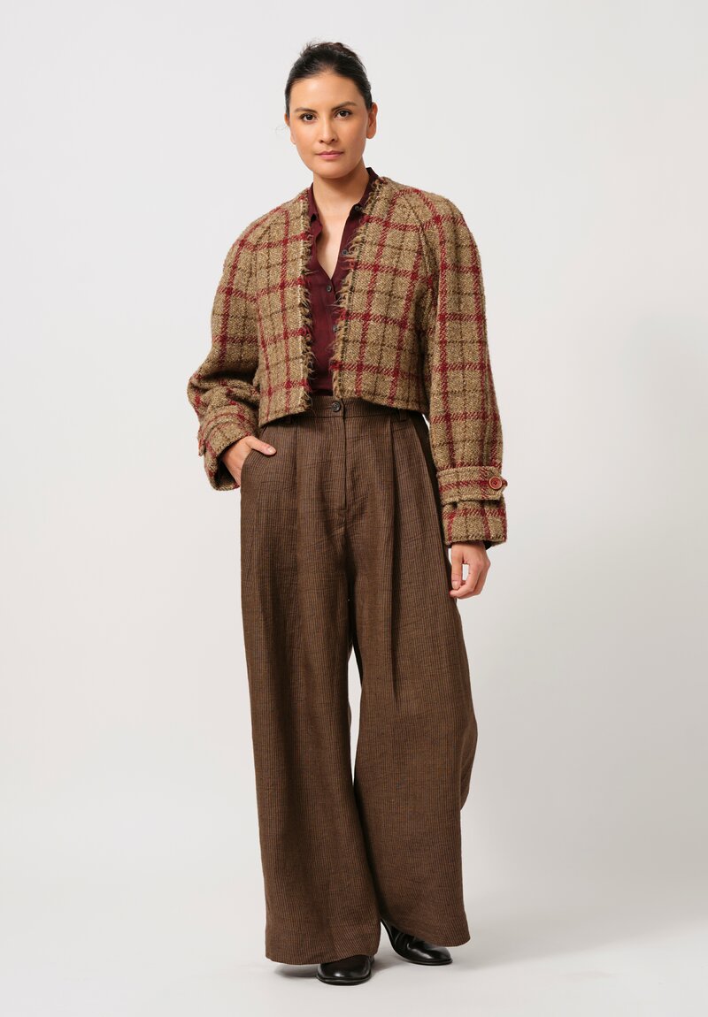 Ziggy Chen Linen Wide Tapered Trousers in Khaki Brown	