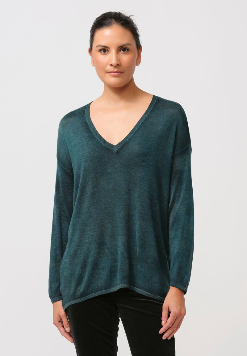 Avant Toi Cashmere & Silk Hand-Painted V-Neck Sweater in Nero Provence Green	