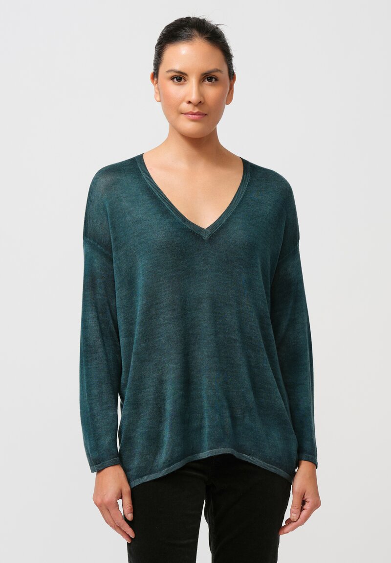 Avant Toi Cashmere & Silk Hand-Painted V-Neck Sweater in Nero & Provence Green