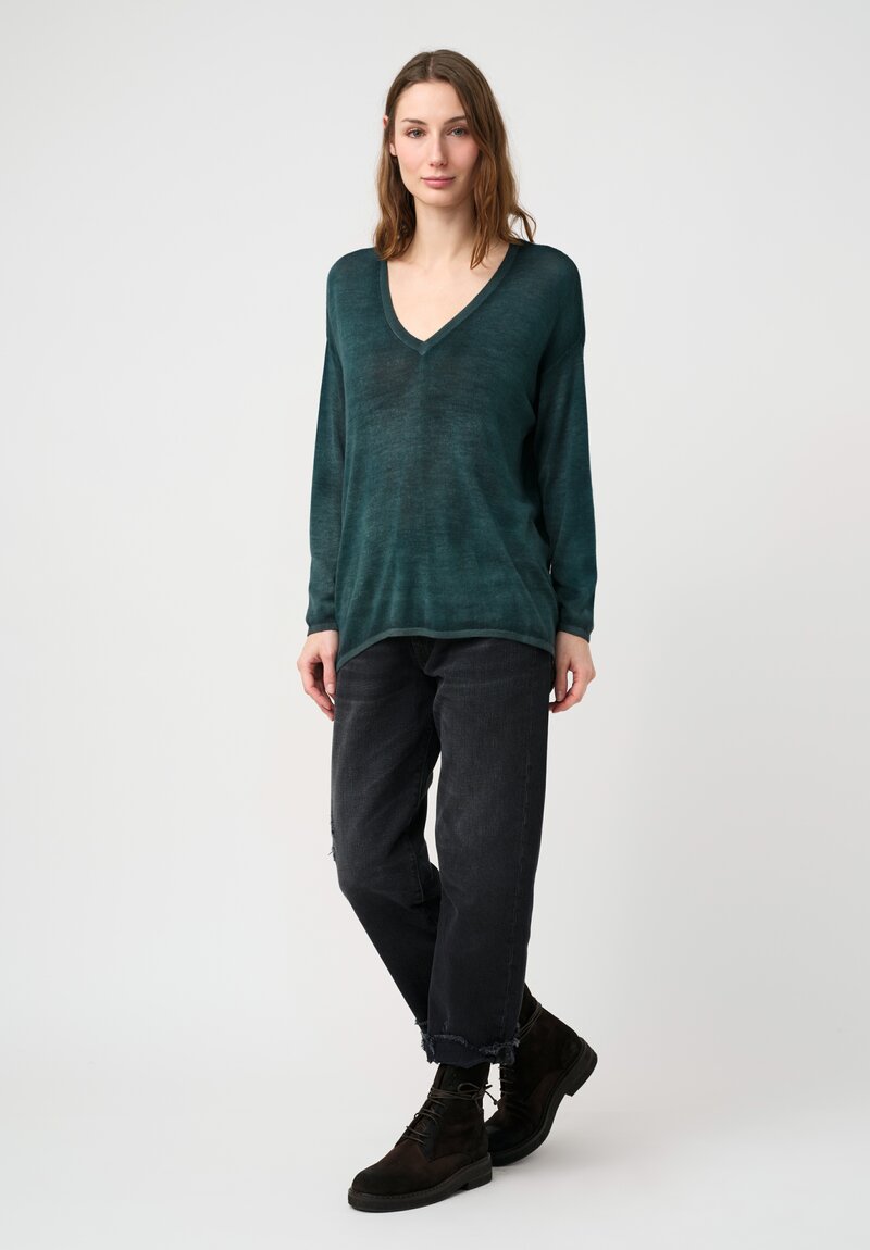 Avant Toi Cashmere & Silk Hand-Painted Maglia V-Neck Sweater in Nero & Provence Green