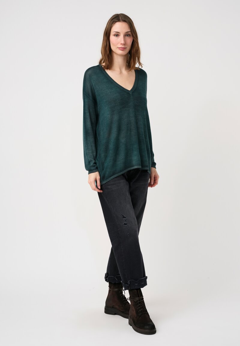 Avant Toi Cashmere & Silk Hand-Painted Maglia V-Neck Sweater in Nero & Provence Green