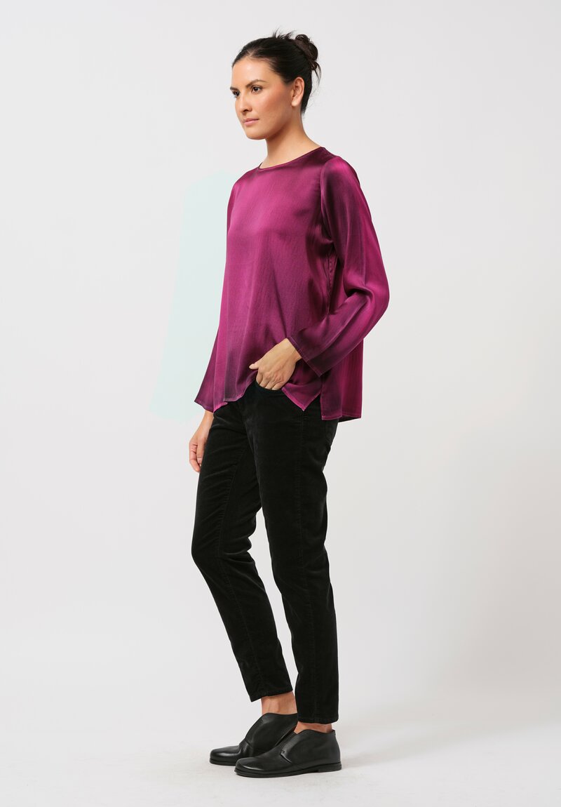 Avant Toi Hand-Painted Silk Lunga Barchetta Top in Nero Clematis Purple	