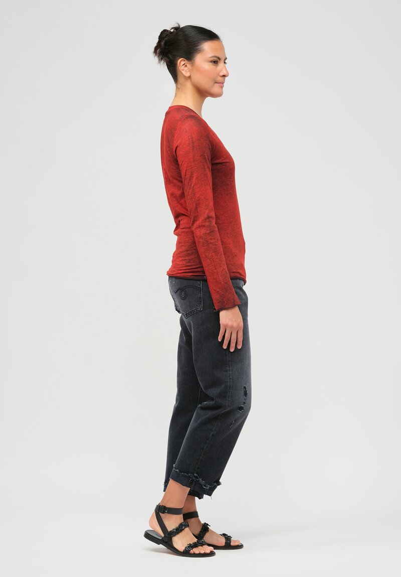 Avant Toi Hand-Painted Cotton V-Neck Long Sleeve T-Shirt in Nero Camelia Red	