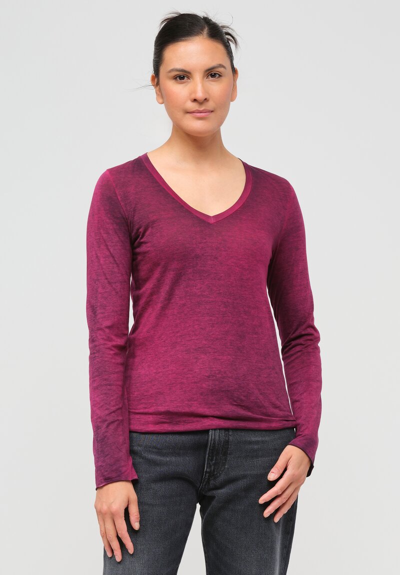 Avant Toi Hand-Painted Cotton V-Neck Long Sleeve T-Shirt in Nero Clematis Purple	