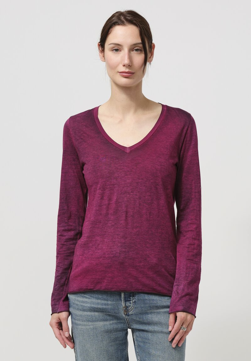 Avant Toi Hand-Painted Cotton V-Neck Long Sleeve Shirt in Nero Clematis Purple