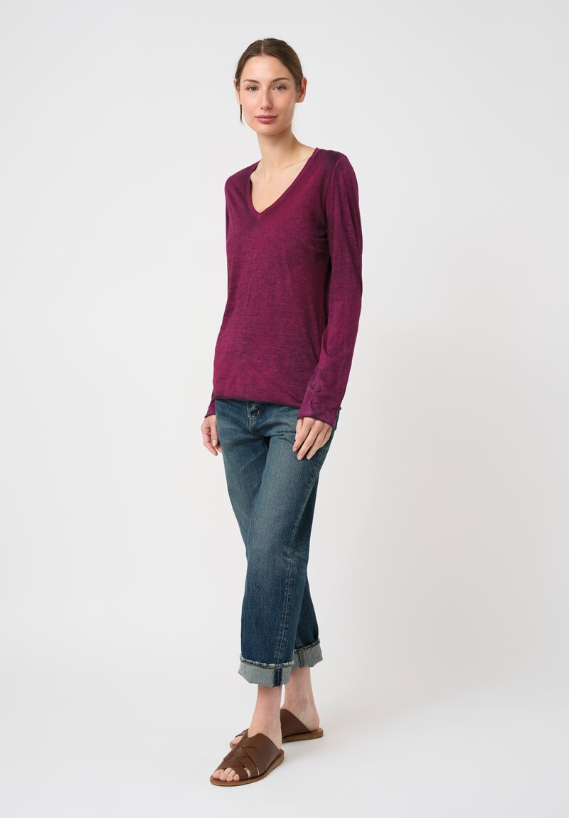 Avant Toi Hand-Painted Cotton V-Neck Long Sleeve Shirt in Nero Clematis Purple