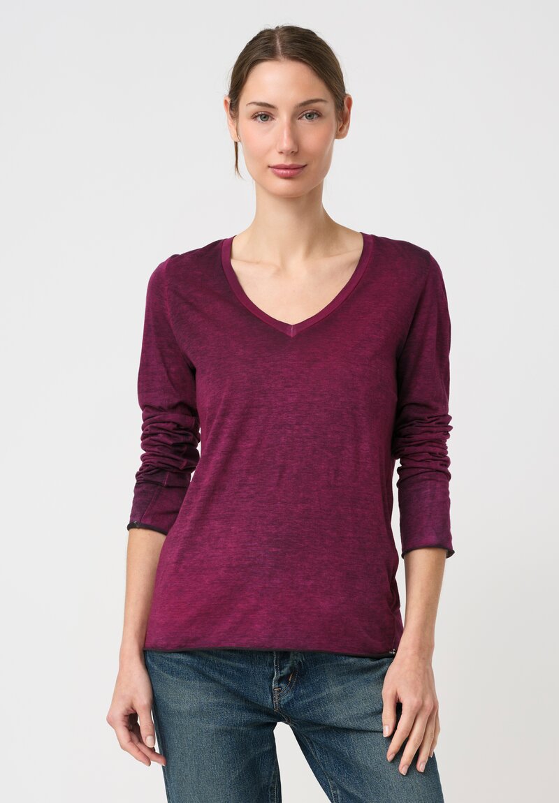 Avant Toi Hand-Painted Cotton V-Neck Long Sleeve Shirt in Nero Clematis Purple