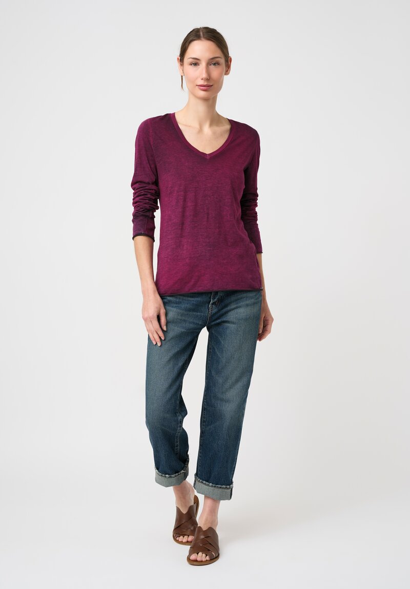 Avant Toi Hand-Painted Cotton V-Neck Long Sleeve Shirt in Nero Clematis Purple