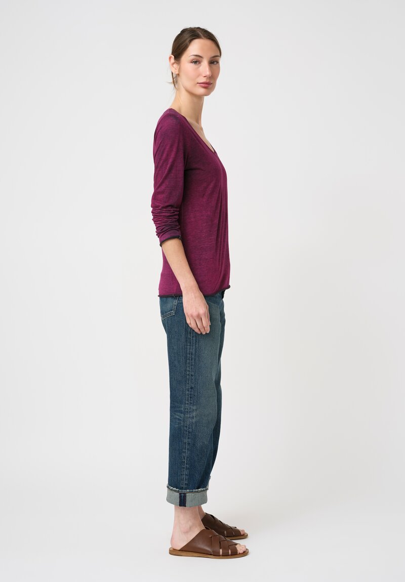 Avant Toi Hand-Painted Cotton V-Neck Long Sleeve Shirt in Nero Clematis Purple