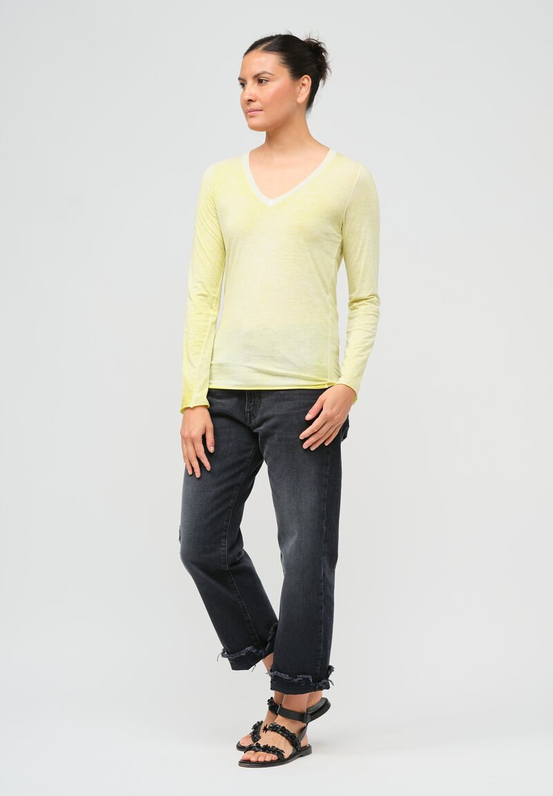 Avant Toi Hand-Painted Cotton V-Neck Long Sleeve T-Shirt in Light Lime Yellow	