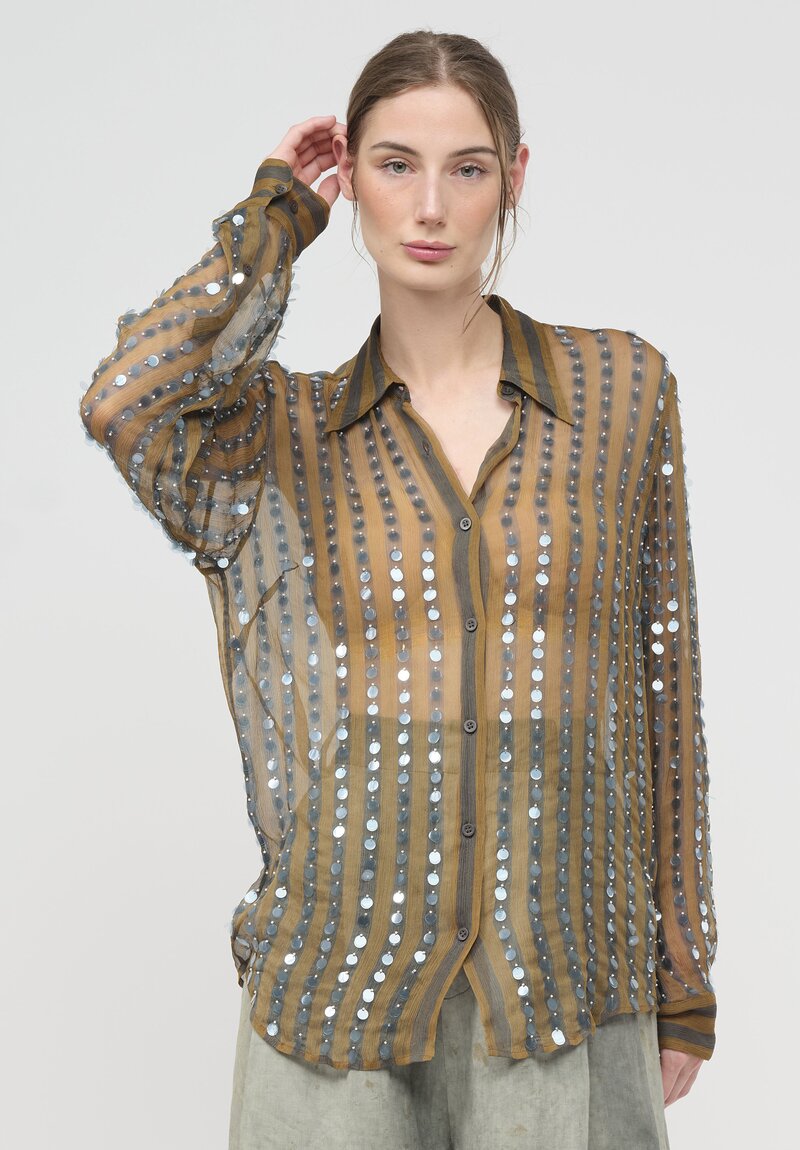 Dries Van Noten Silk Embellished Chowy Shirt in Khaki	