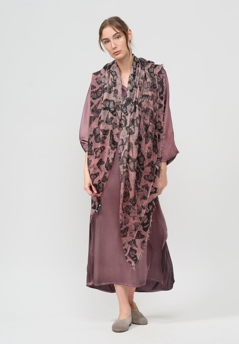 Avant Toi Cashmere Stola Butterfly Print Scarf in Nero Pink	