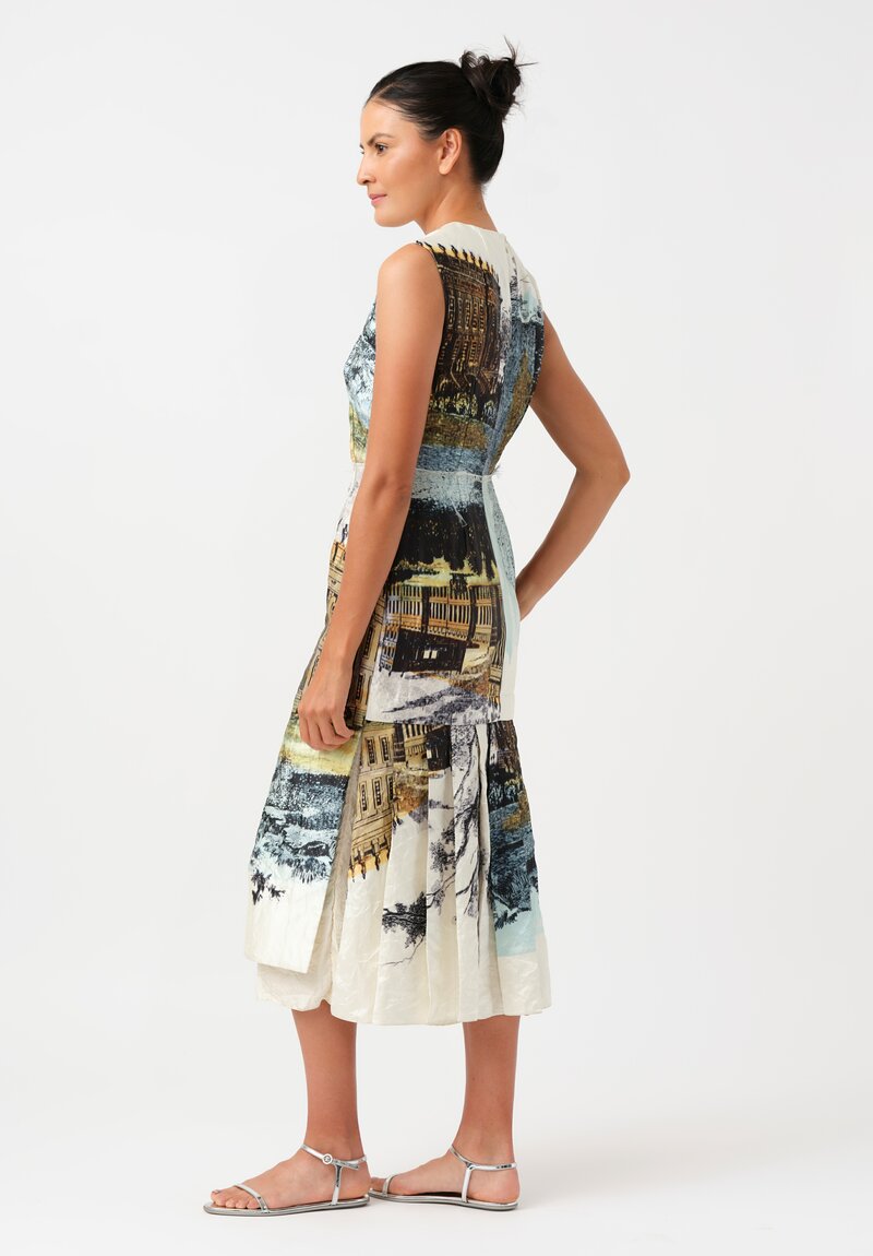 Erdem Sleeveless Printed & Pleated Cocktail Dress in Parchment