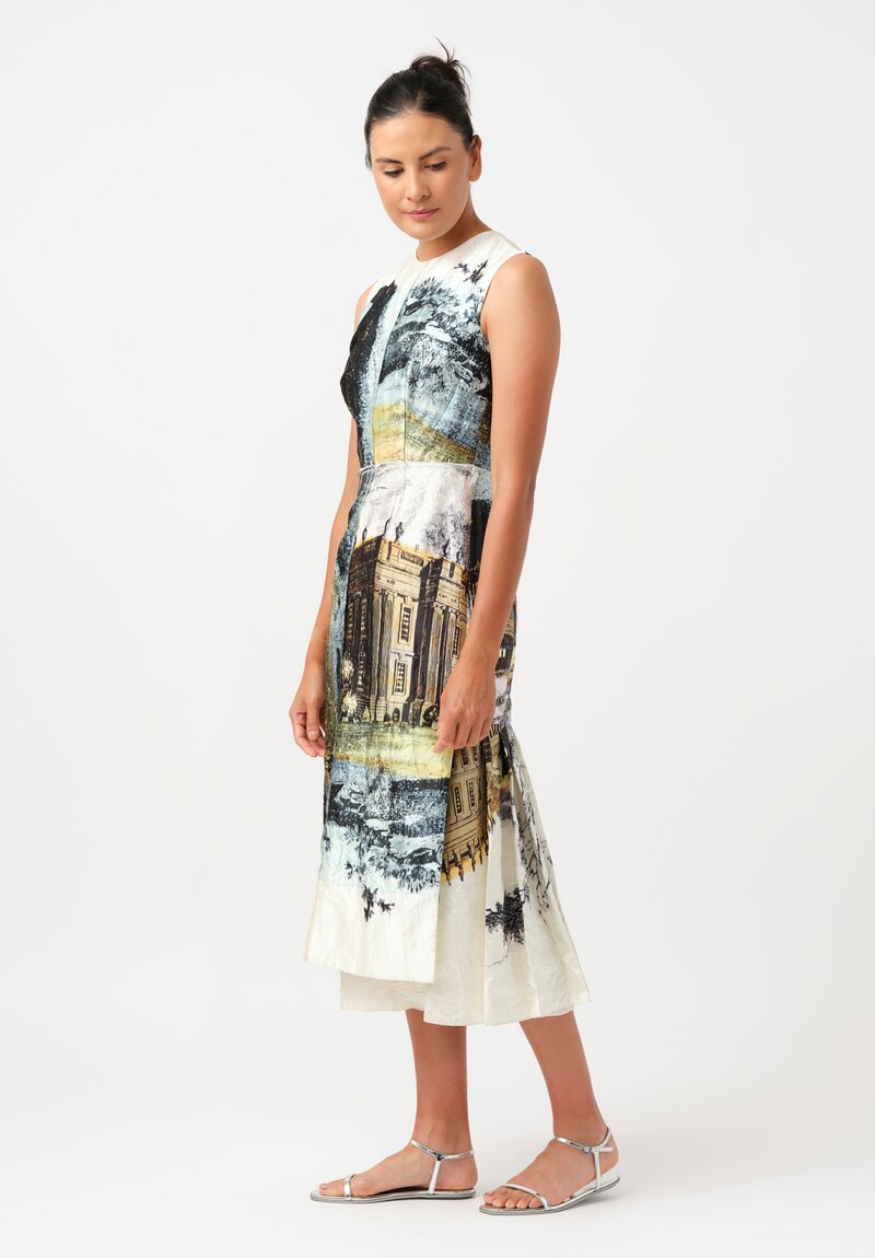 Erdem Sleeveless Printed & Pleated Cocktail Dress in Parchment