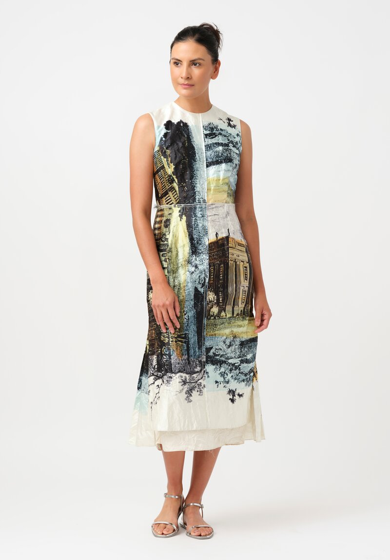 Erdem Sleeveless Printed & Pleated Cocktail Dress in Parchment