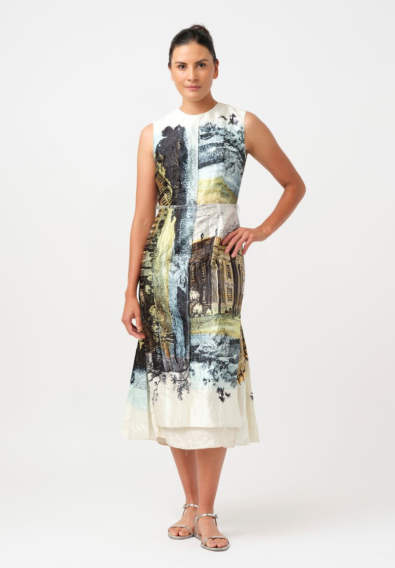 Erdem Sleeveless Printed & Pleated Cocktail Dress in Parchment