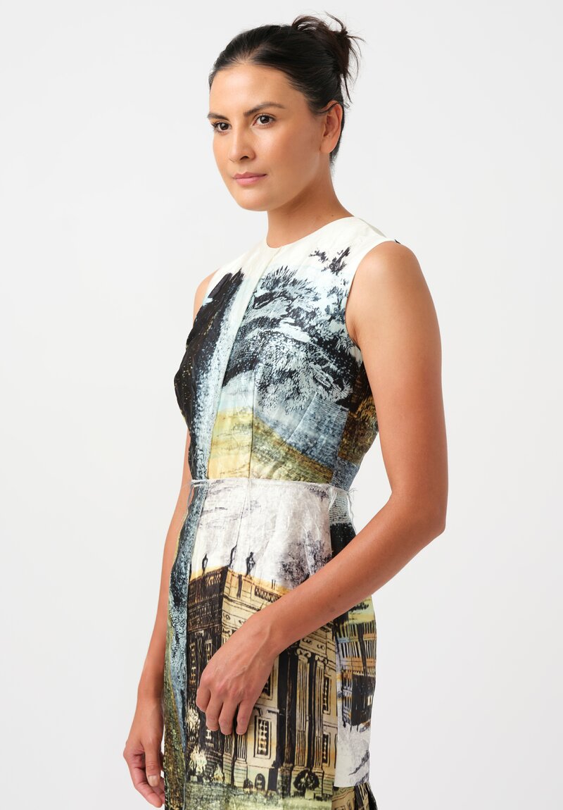 Erdem Sleeveless Printed & Pleated Cocktail Dress in Parchment