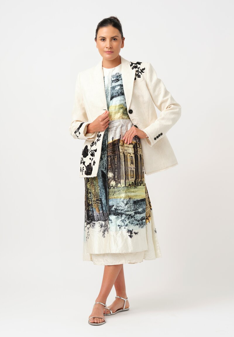 Erdem Sleeveless Printed & Pleated Cocktail Dress in Parchment