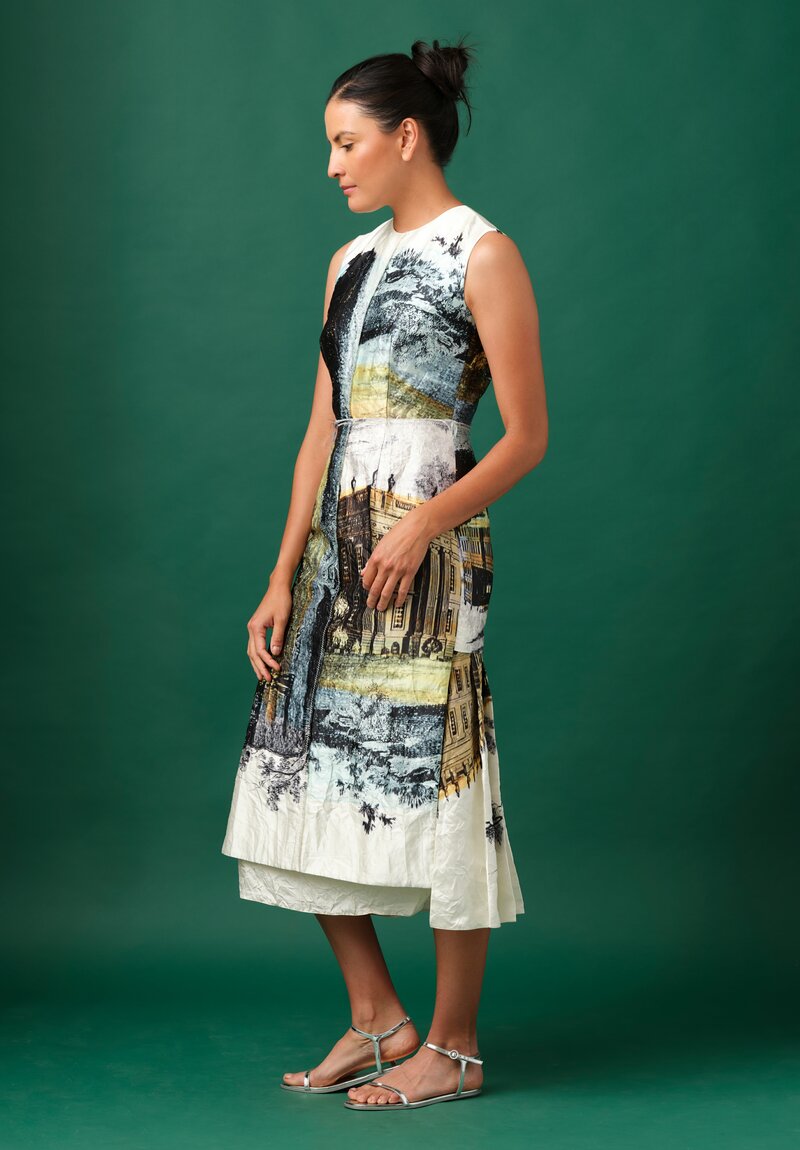 Erdem Sleeveless Printed & Pleated Cocktail Dress in Parchment