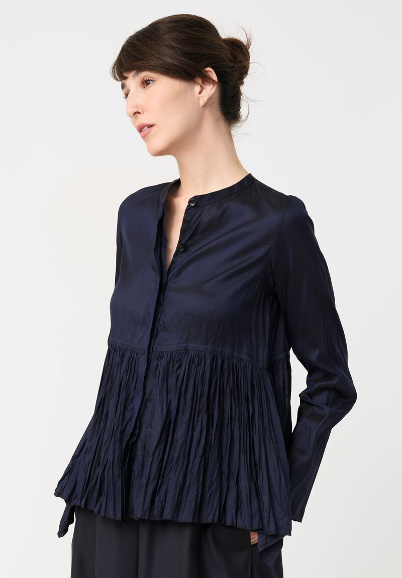Christian Peau Gathered Silk Top in Navy Blue