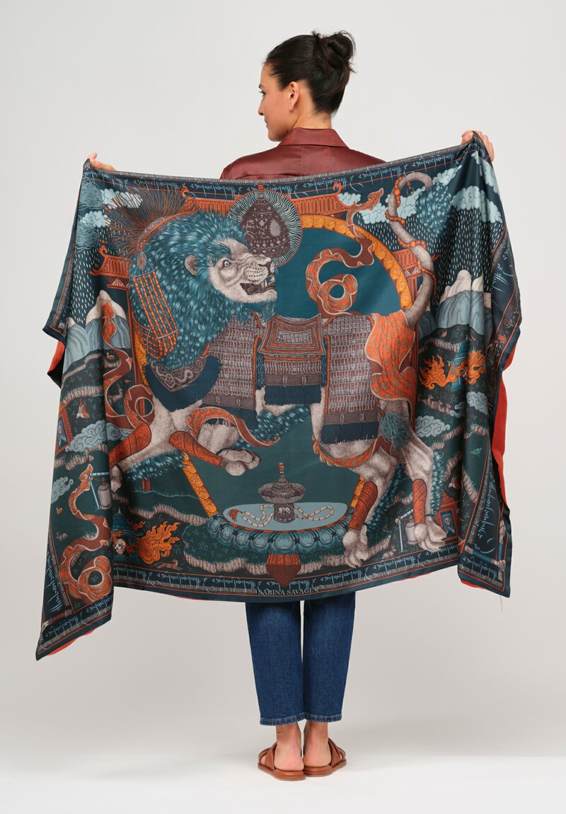 Sabina Savage Silk and Cashmere The Snow Lion Stole in Turquoise & Saffron	
