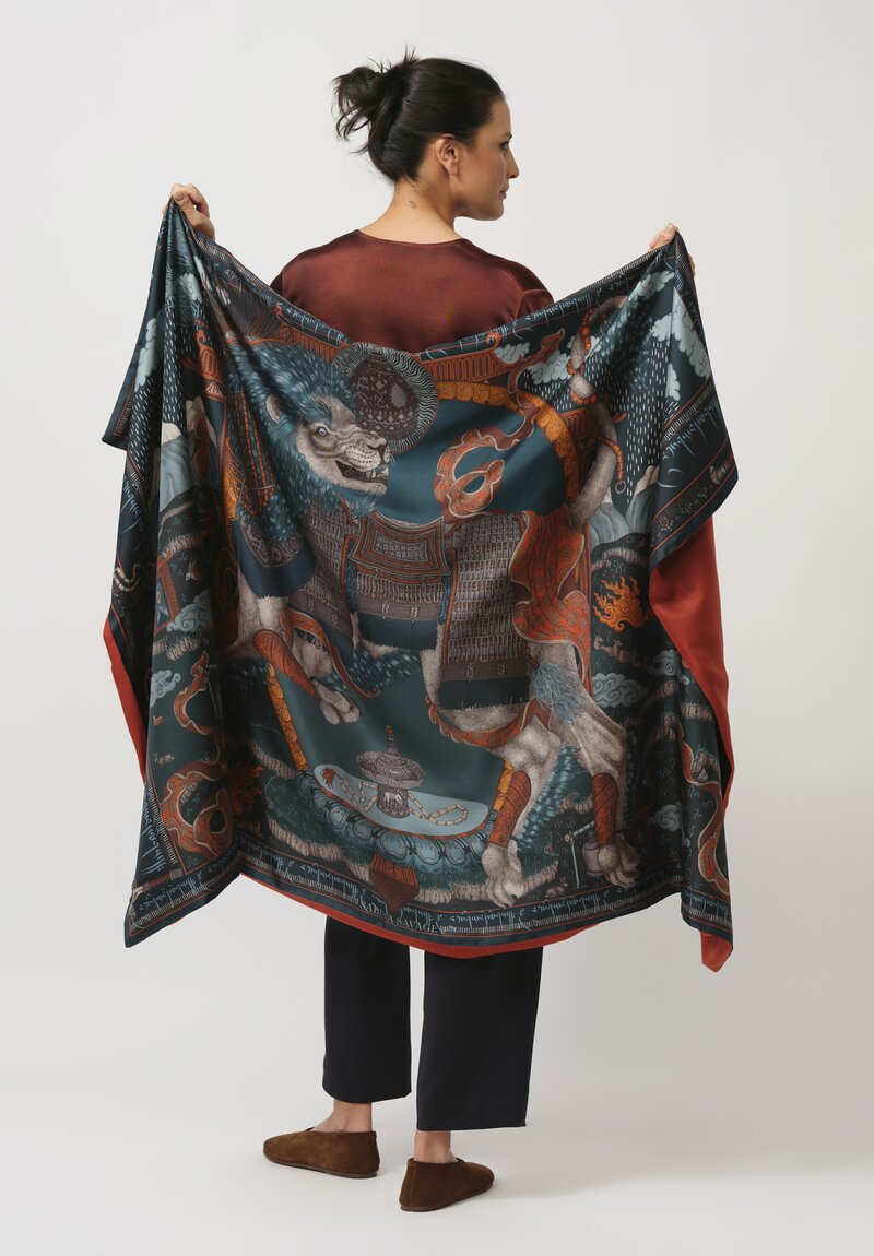 Sabina Savage Silk and Cashmere The Snow Lion Stole in Turquoise & Saffron	