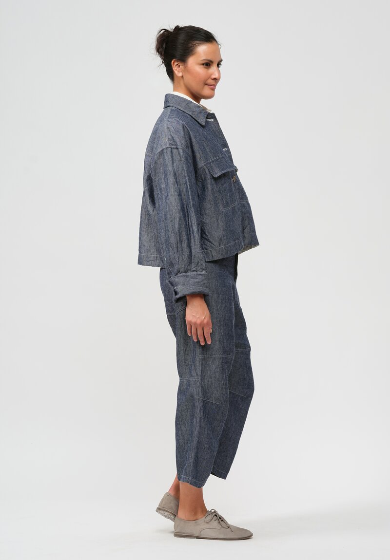 Forme d'Expression Woven Ramie & Linen Oversized Trucker Jacket in Denim
