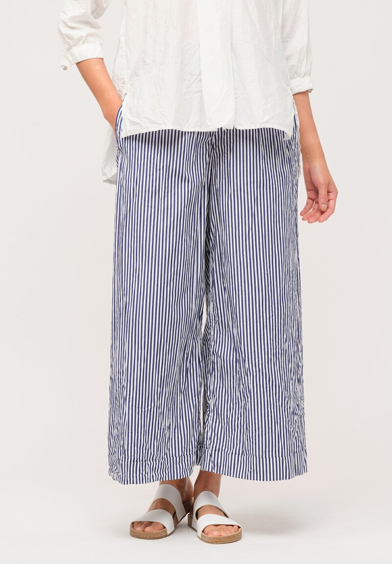 Daniela Gregis Washed Cotton Printed Pigiama Pants in White & Dark Blue Stripe	