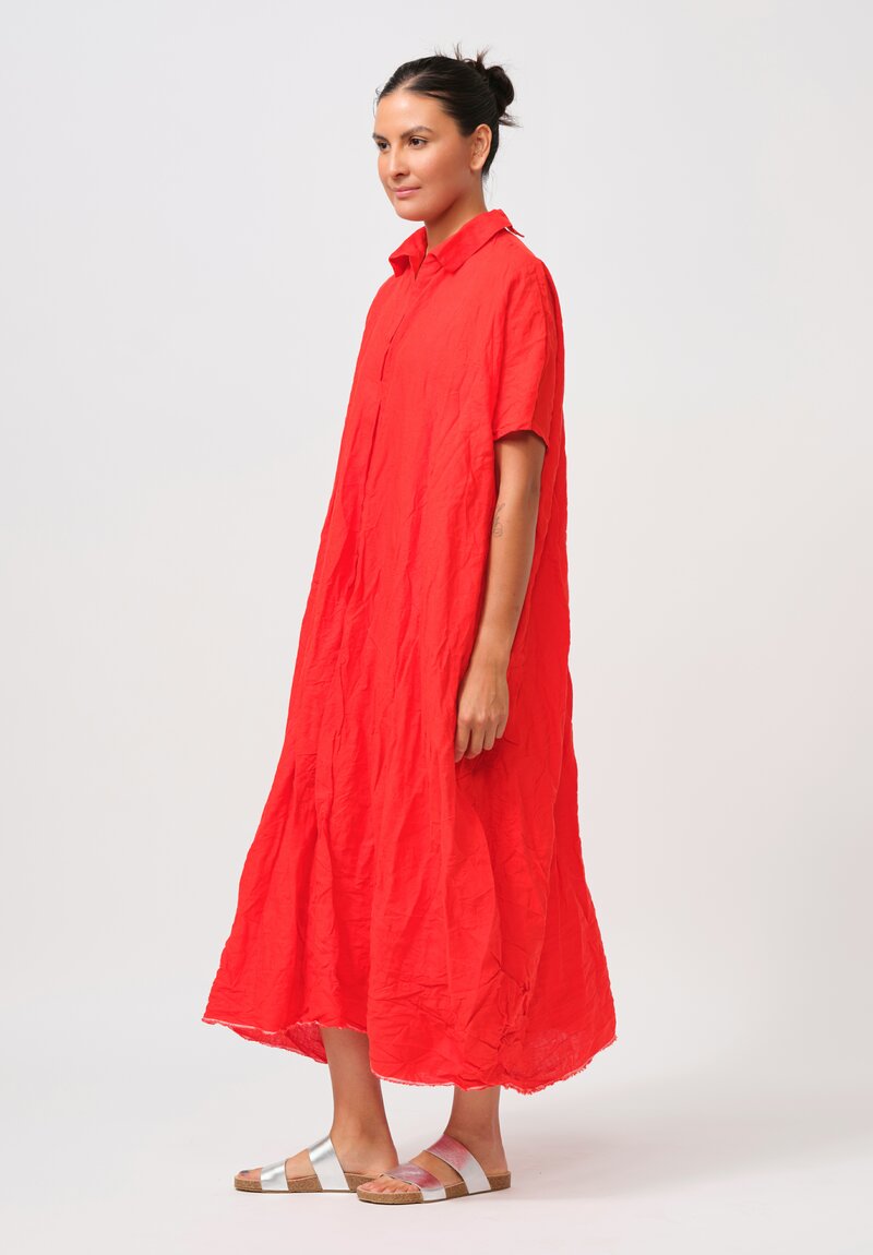 Daniela Gregis Washed Linen Manichina Dress with Slip in Rosso Orange Red	