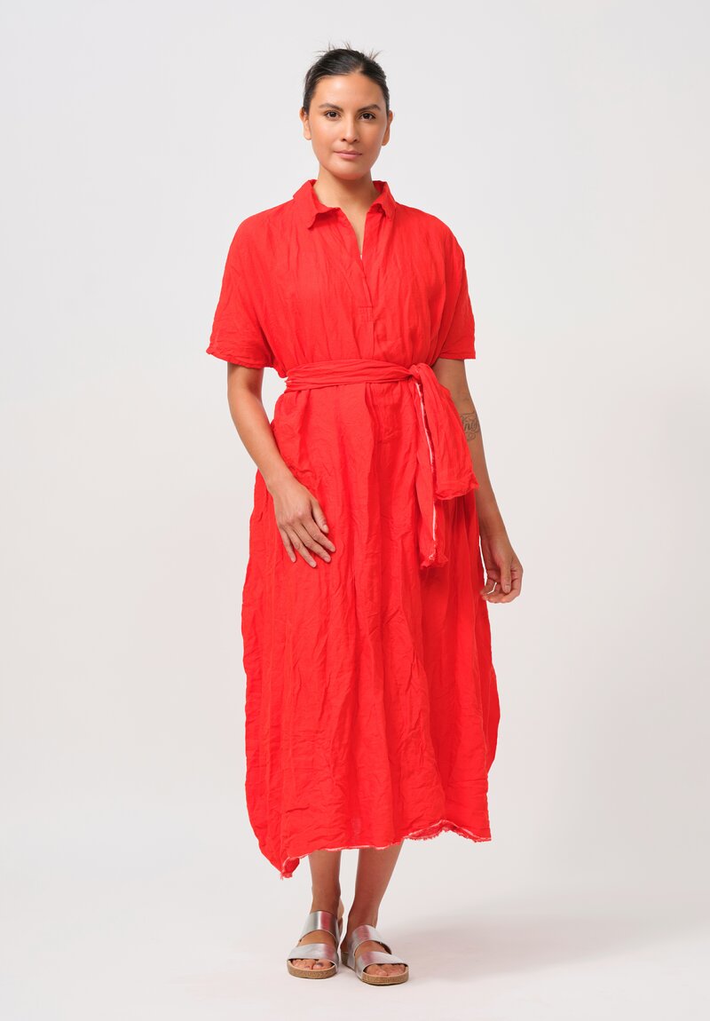 Daniela Gregis Washed Linen Manichina Dress with Slip in Rosso Orange Red	