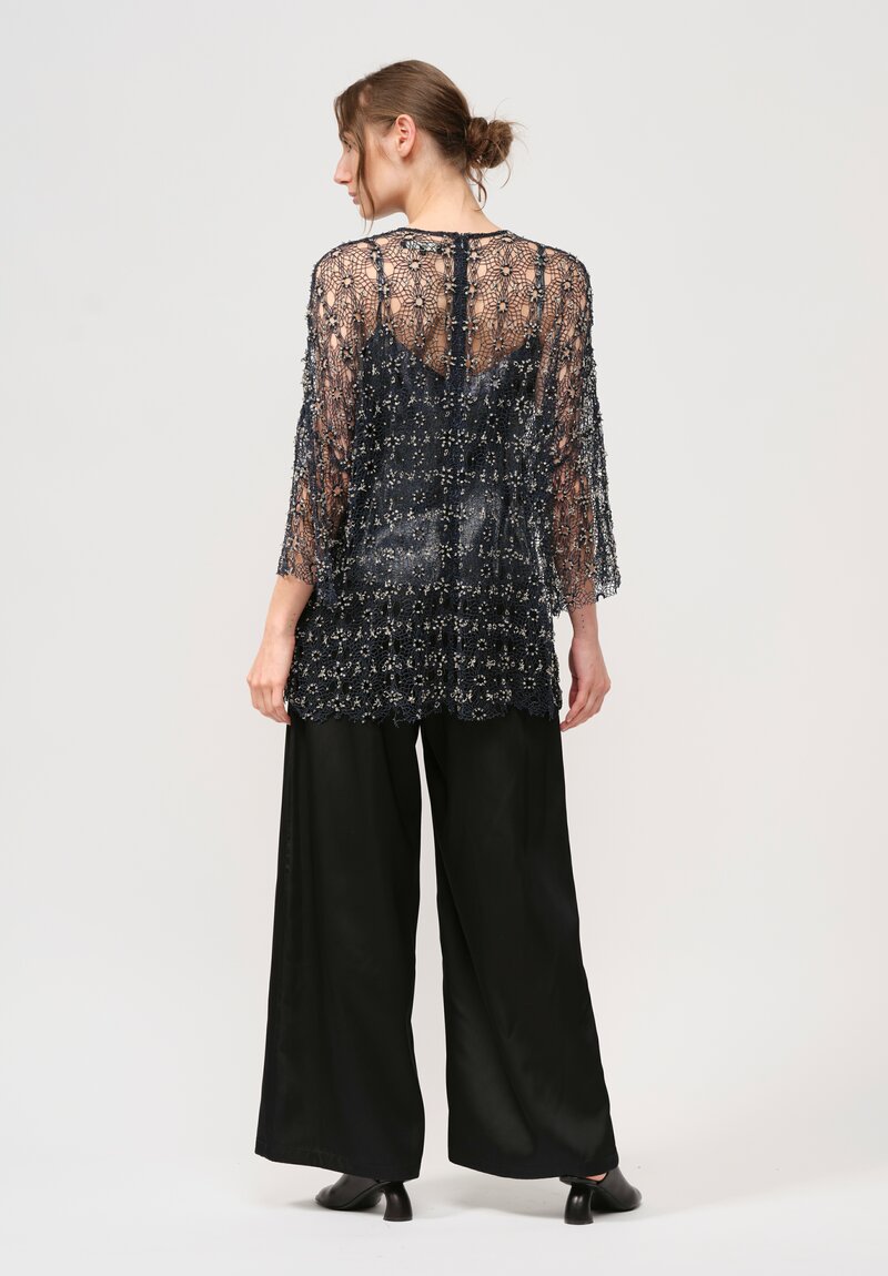 Biyan Beaded Lace Macrame Blouse in Navy