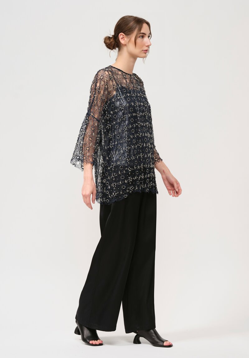 Biyan Beaded Lace Macrame Blouse in Navy