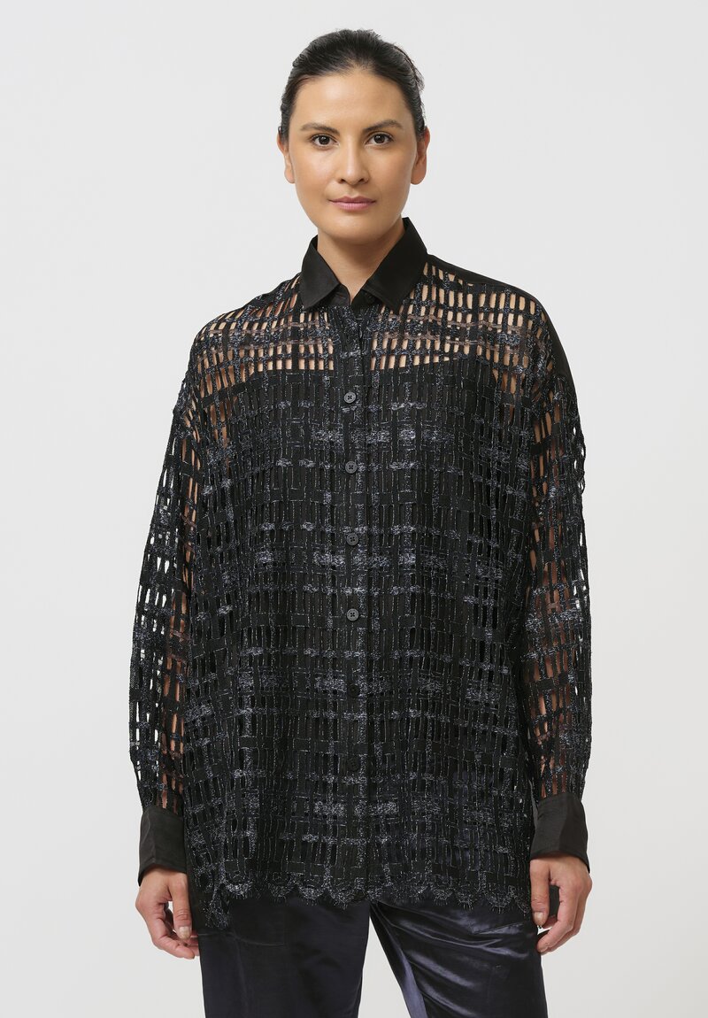 Biyan Geometric Lace Organza Shirt in Black