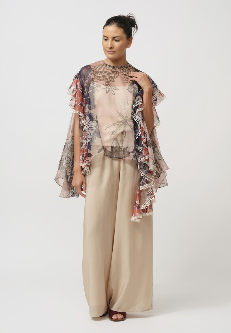 Biyan Silk Organza Waterfall Top in Multi-Color Floral Print