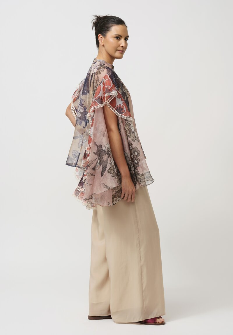 Biyan Silk Organza Waterfall Top in Multi-Color Floral Print