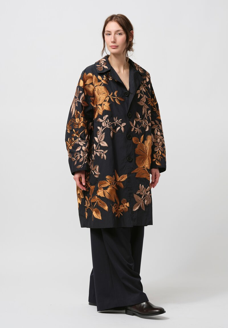 Biyan Leaf Embroidered Oversize Coat in Dark Navy	