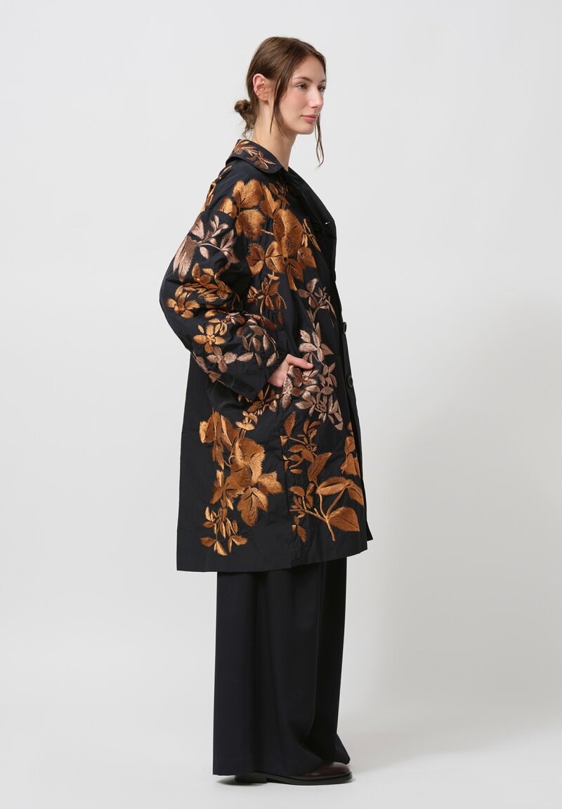 Biyan Leaf Embroidered Oversize Coat in Dark Navy	