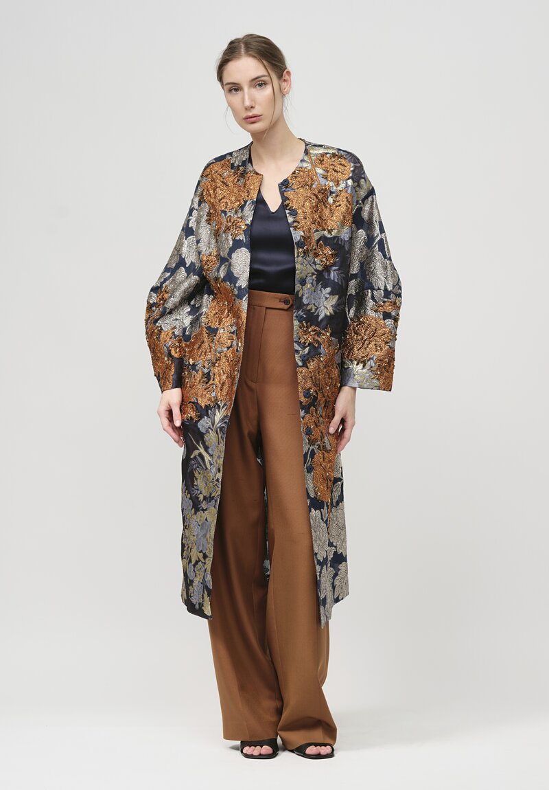 Biyan Lamé Jacquard Coat in Navy & Silver