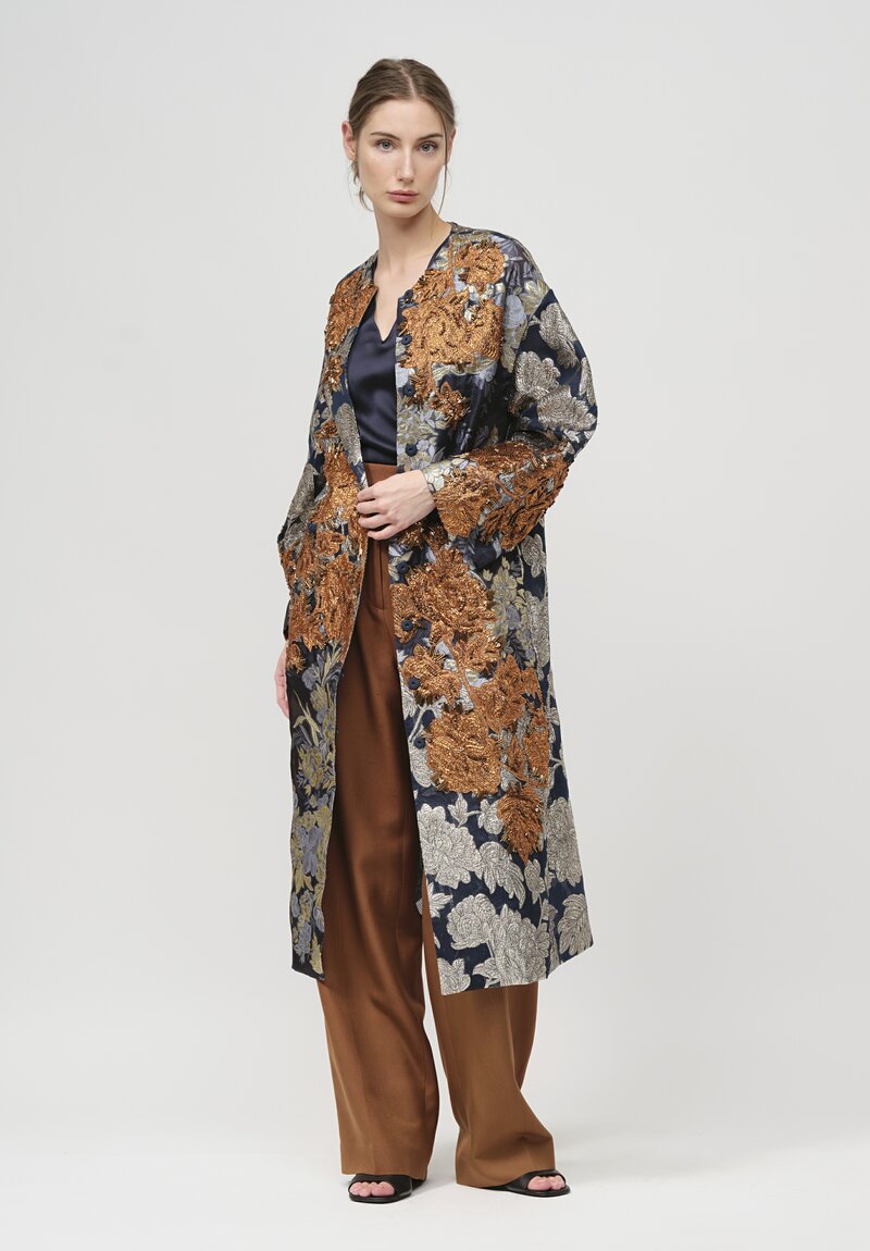 Biyan Lamé Jacquard Coat in Navy & Silver