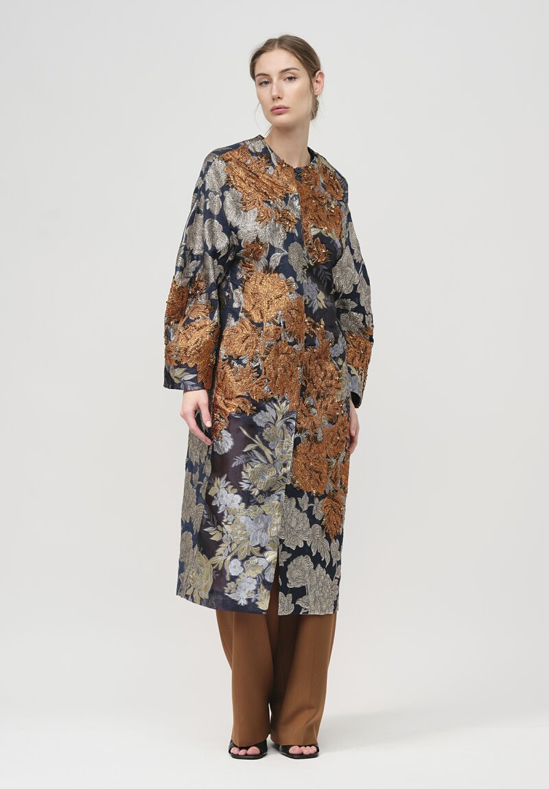 Biyan Lamé Jacquard Coat in Navy & Silver