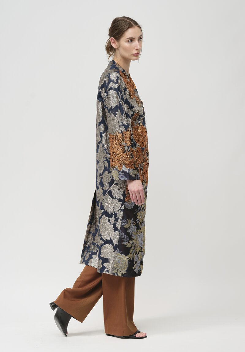 Biyan Lamé Jacquard Coat in Navy & Silver